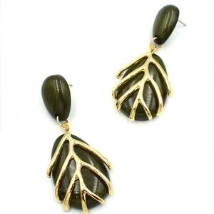 Zara Style Resin Leaf Green Earrings | Bold Statement Gold Dangles